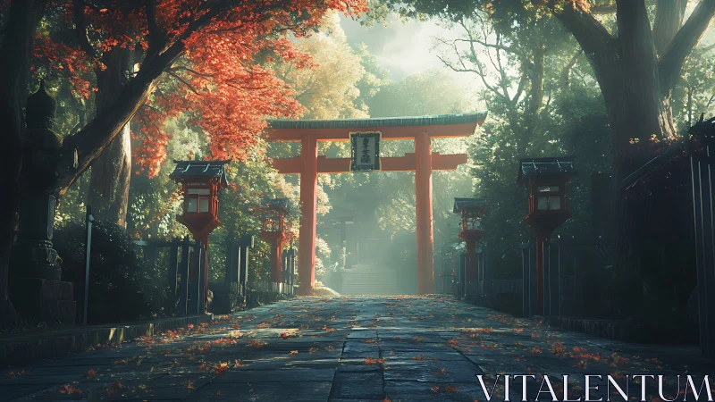 Autumn shrine path breathes through mist beneath vermilion gate.
