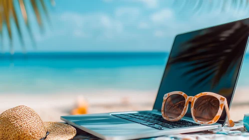 Laid-back beach workspace with sunlit laptop and shades.