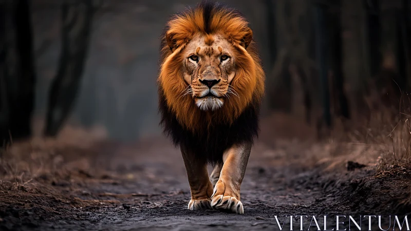 Powerful male lion walking alone on a forest path.