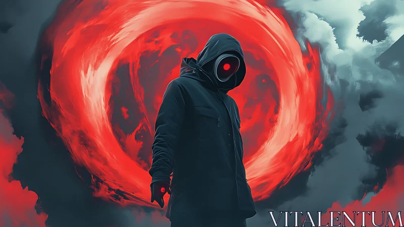 Hooded void wanderer before swirling crimson portal.