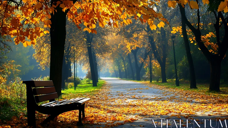 Empty park bench under vivid autumn trees at sunrise.