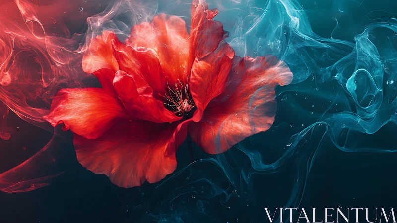 Crimson poppy suspended in ethereal teal smoke flow.