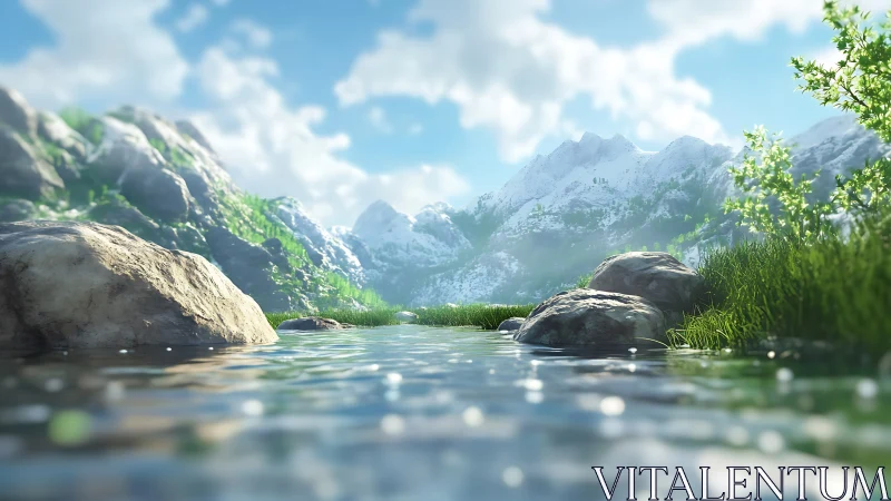 Mountain lake foreground with rocks, grass, and snow peaks.