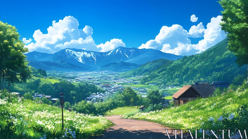 Sunny rural valley path opens toward distant alpine mountains