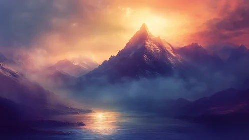 Radiant sunrise crowns a misty mountain over tranquil lake