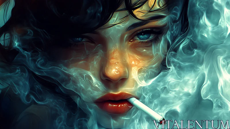 Smoldering gaze cuts through teal smoke and golden light.