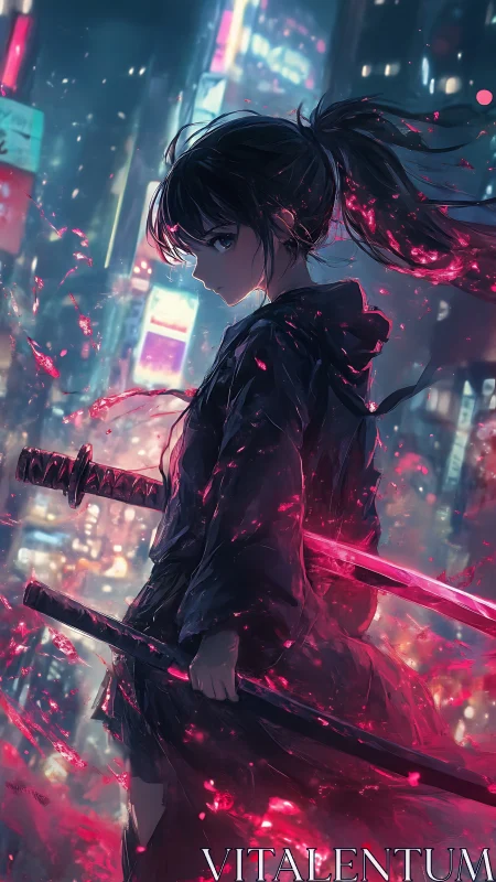 Cyberpunk katana sentinel in neon streets, dynamic anime framing.
