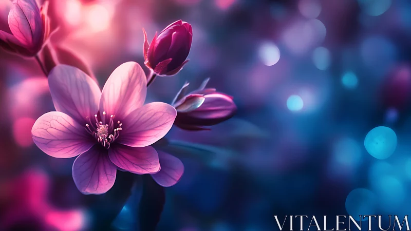 Pink cosmos blossom cluster rendered with chromatic bokeh gradients.