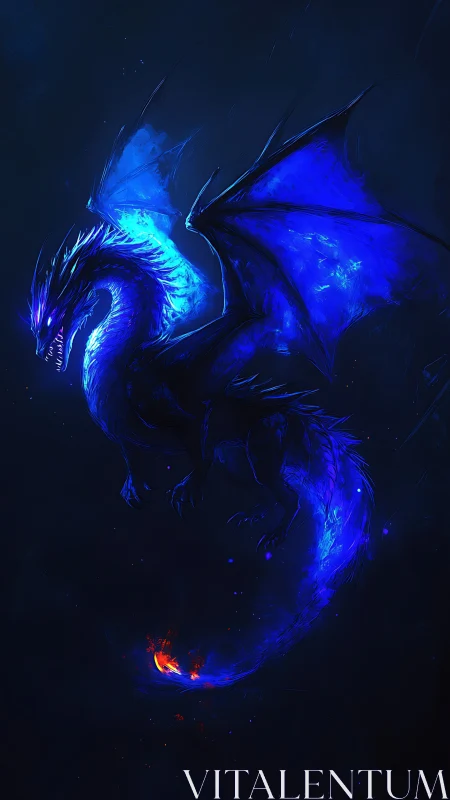 Luminous sapphire dragon soaring through deep night sky.