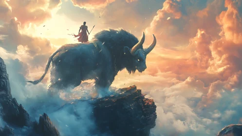 Sky-clad wanderer rides horned titan through ember clouds