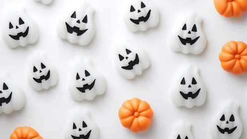 Halloween Ghost Decorations Arranged with Orange Pumpkins