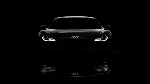 Front view of black sports car with illuminated headlights.