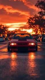 Low red sports car reflects dramatic sunset on wet street