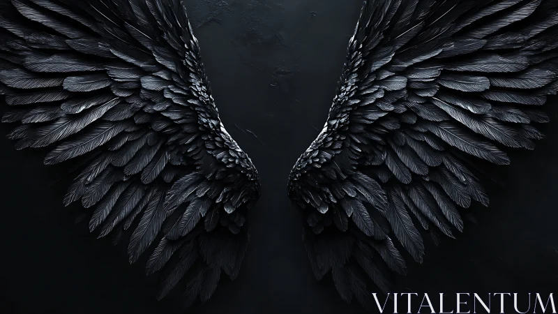 Dark angel wings spread wide against textured black wall.