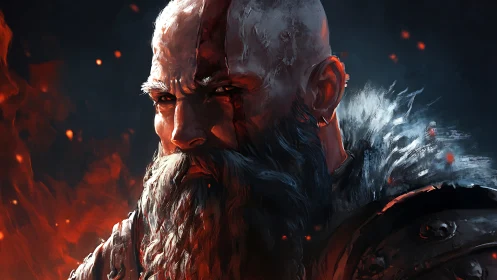 Bearded armored warrior portrait in firelit environment.