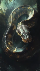 Emerald river serpent coils in shadowed jungle waters.