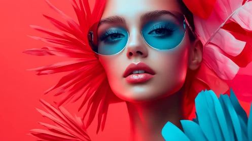 Bold tropical muse in neon blue and coral glow.