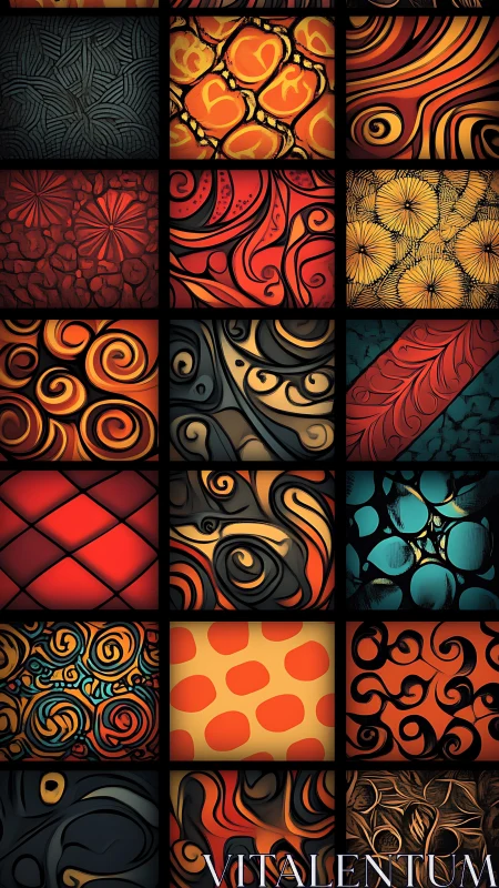 Abstract swirl and pattern grid in warm vivid tones.