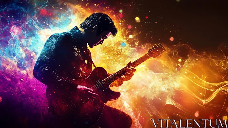 Electric guitarist ignites vivid cosmic color storm.