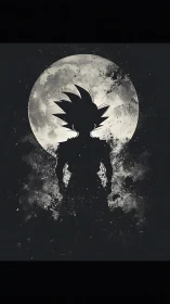 Silhouetted spiky haired figure positioned before full moon.