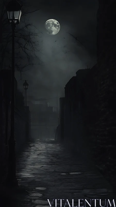 Moonlit alleyway with wet cobblestones and silhouetted walls