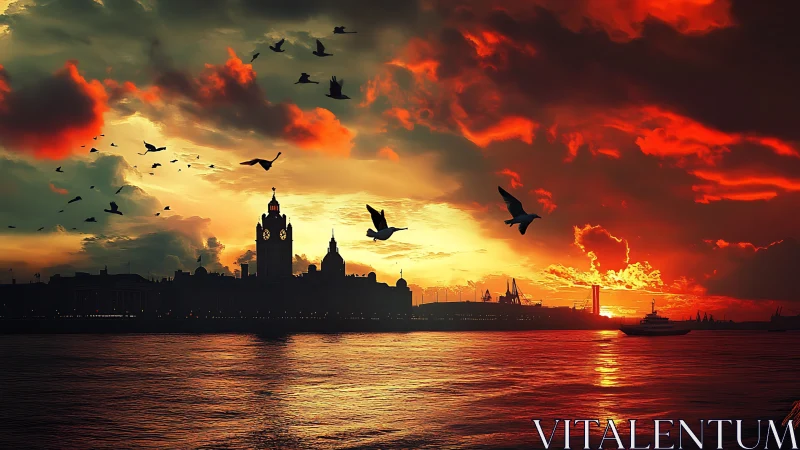 City skyline and harbor under intense red sunset sky.