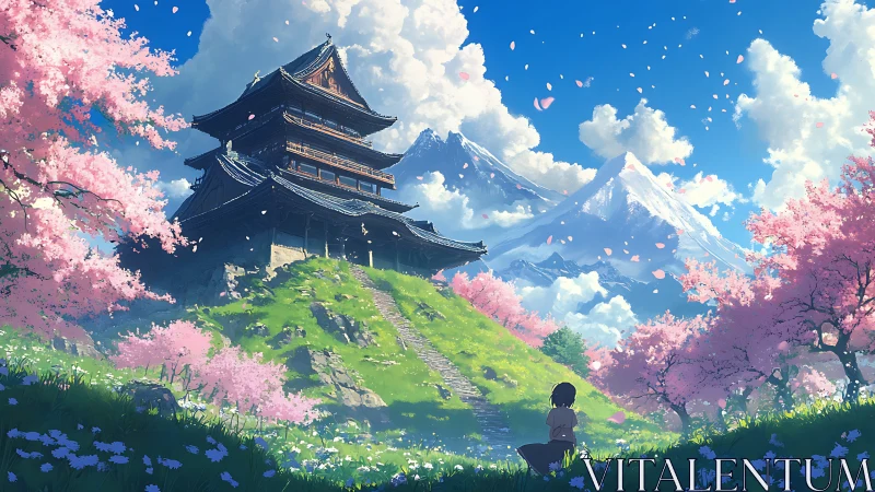 Multi-tiered pagoda stands amid cherry trees and mountains