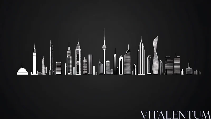 Monochrome skyline silhouette uses linear high-rise profiles on black