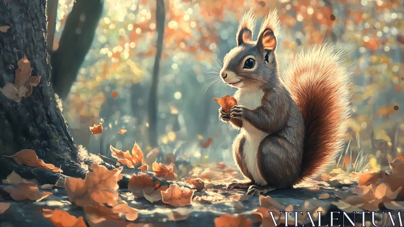 Squirrel holding leaf on forest floor amid autumn foliage.