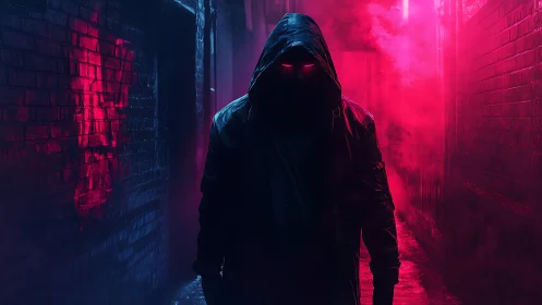 Mysterious hooded figure strolls through neon foggy alleyway