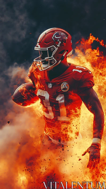 Fiery football runner bursts through blazing smoke field.