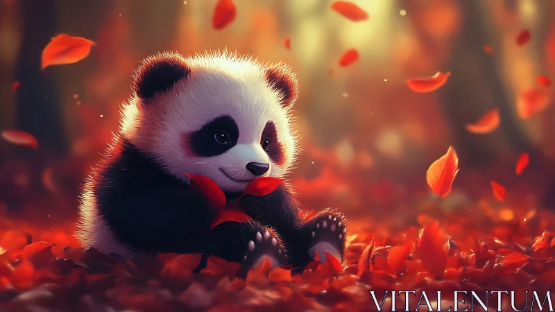 Tiny autumn dreamer panda cradling crimson forest leaves.