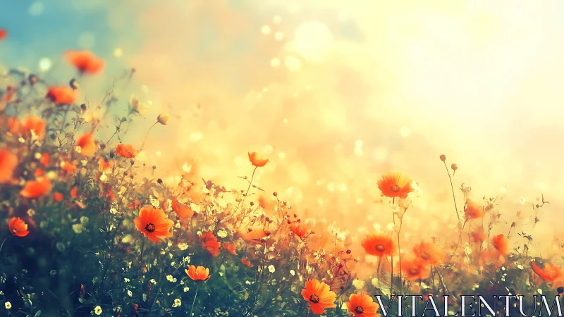 Field of Orange Flowers Under Golden Sky