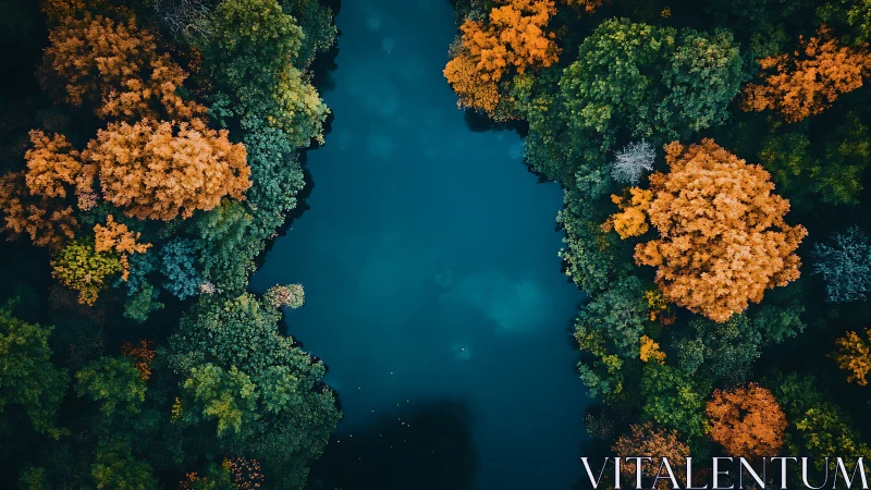 Tranquil lake surrounded by autumn forest, aerial drone photography.