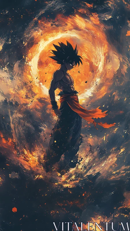 Anime warrior stands in swirling fiery vortex of energy