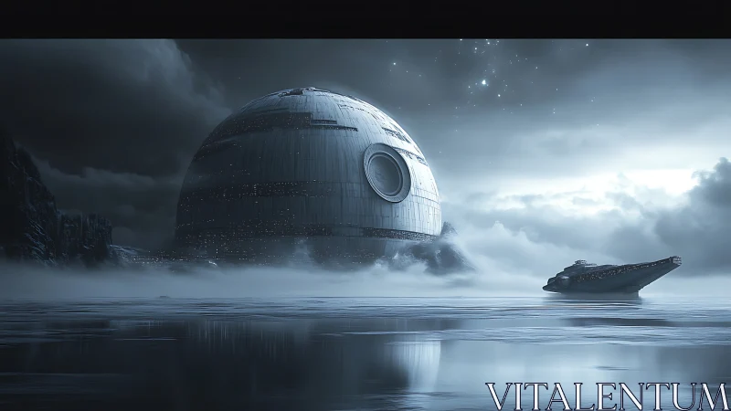 Spherical fortress rises from frozen mist with silent cruiser