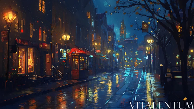Rainy night city street with glowing shopfronts and lights.