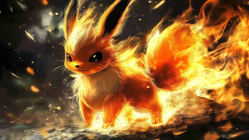 Fiery quadruped creature stands in dynamic flame environment