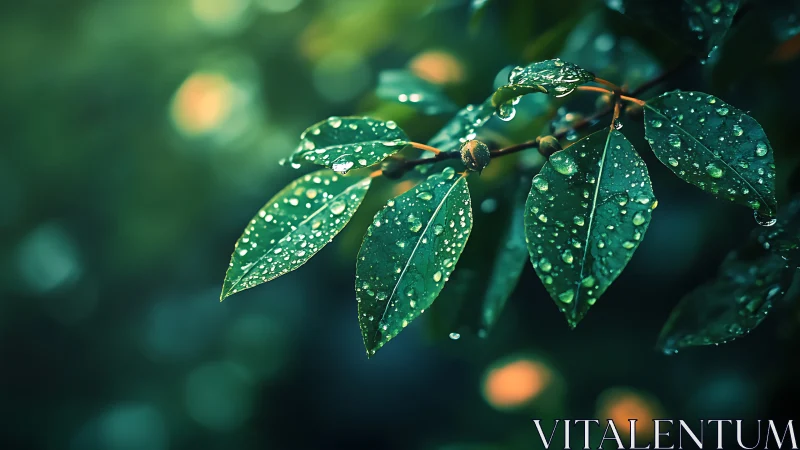 Morning raindrops rest gently on deep green garden leaves