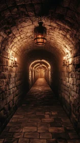 Torchlit medieval stone tunnel with vaulted brick ceiling perspective