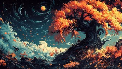 Celestial vortex sky over luminescent autumn sentinel tree.