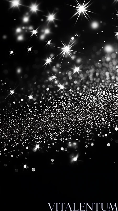 Diagonal cascade of luminous white bokeh particles on black