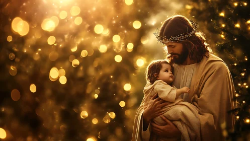 Golden halo of compassion cradling a child in gentle light.