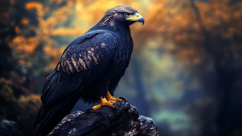 Majestic eagle perched on rock in autumn forest, digital art style.