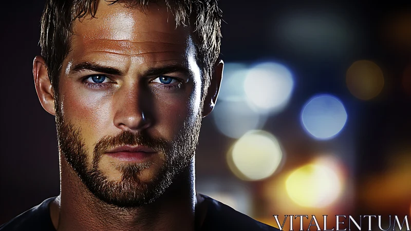 Steady blue‑eyed gaze meets soft neon city night lights