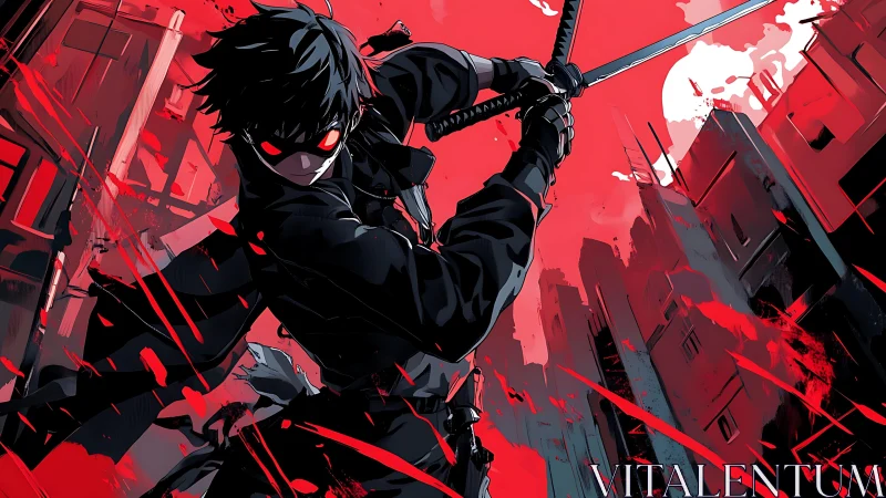 Anime nocturne swordsman in red urban combat composition.