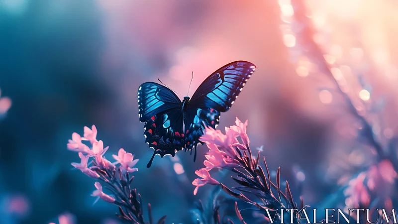 Midnight-winged butterfly sips neon dusk from soft petals