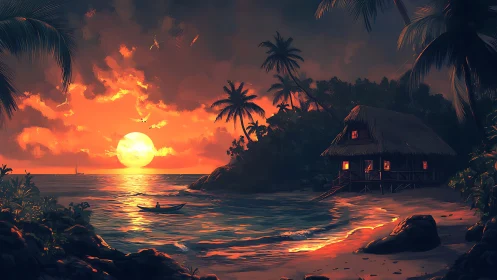 Coastal hut, palm trees, and canoe under low sunset light.