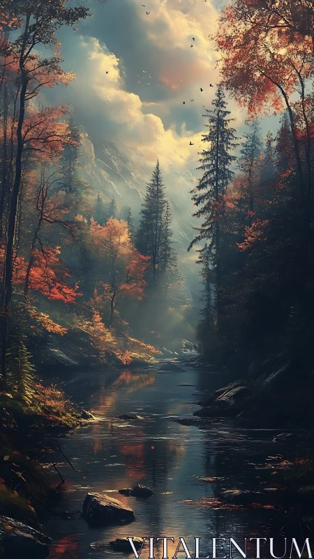 Autumn forest river reflects trees under dramatic sky