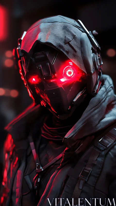 Cybernetic assassin in red neon glow stares forward silently.